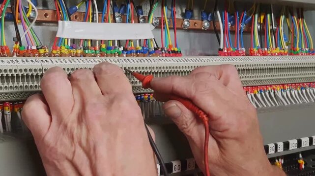 Electrical engineer using a circuit tester to check connections on connectors on a building management system. Electrical contractor inspecting a control panel a checking connections.