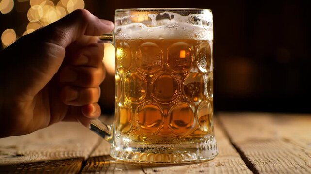 Hand Holds Refreshing Beer Mug Near Cozy Fireplace - Warmth and Relaxation.