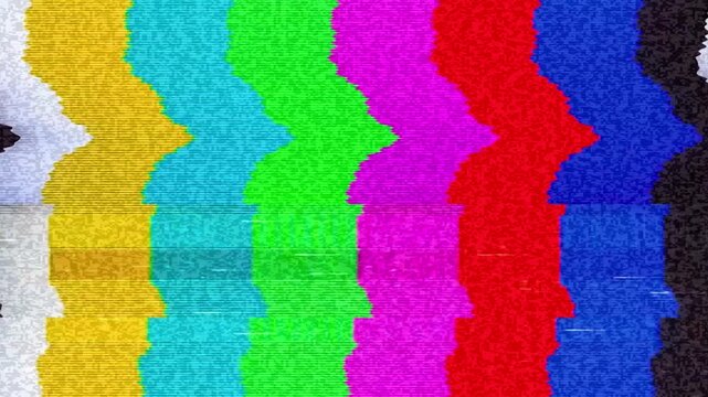 An abstract television test pattern displays vibrant color bars with digital glitches and static noise.