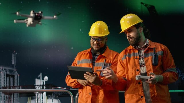 Engineers on offshore rig deck under aurora borealis using drone to bypass sea transit blockades with offshore platform context.