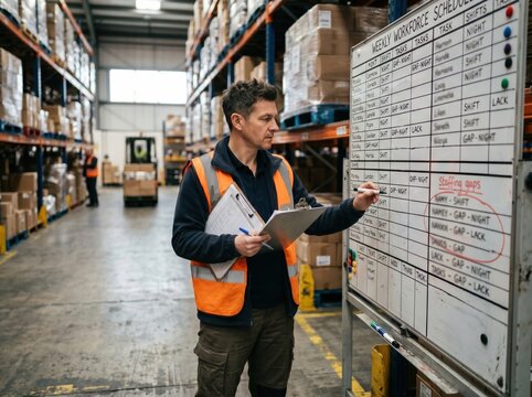 Warehouse supervisor reviewing staff shortage shift board