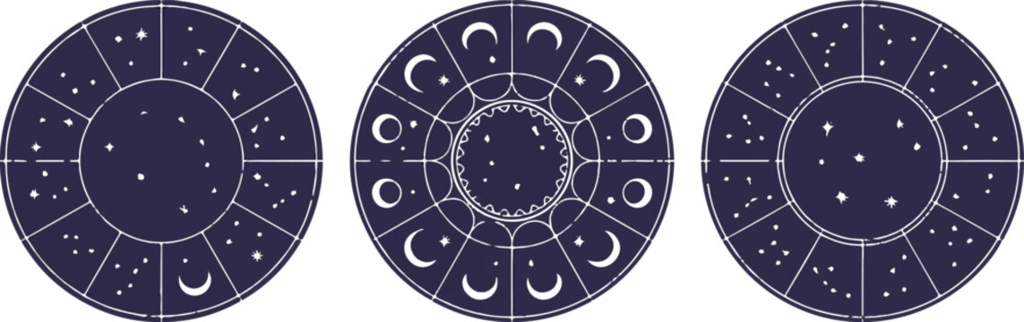 Zodiac wheel chart with astrological moon phases and night sky stars.