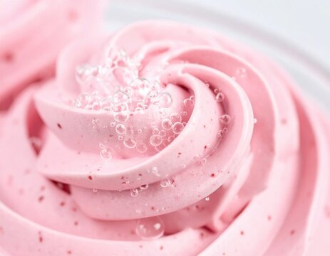 Macro closeup of pink strawberry whipped frosting swirl with tiny sugar sprinkles, sweet bakery dessert topping, confectionery texture, food photography