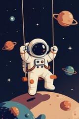 Obraz premium Cute cartoon astronaut swings in outer space on a planet. Cosmic planets, stars and galaxy float in dark sky. Space exploration fun and adventure.