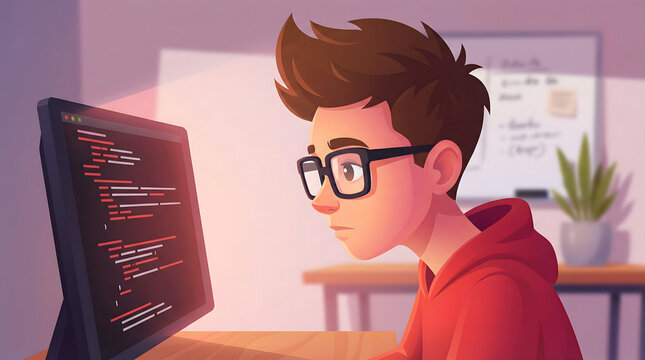 cartoon programmer focused on coding