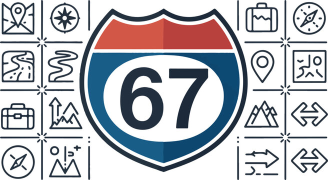 Interstate highway route shield sign with number sixty seven.