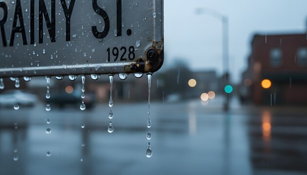 Close-up of fresh rain dripping off street sign with blurred city lights in background, representing a moody urban weather concept on a wet afternoon