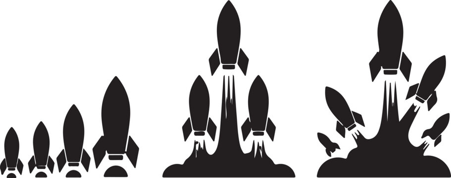 Rockets launching in sequence on transparent background.