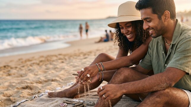 Young multiracial couple playing with sand on beach at sunset, romantic vacation lifestyle