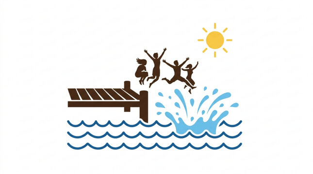 Friends jumping off pier into water on sunny day joyful summer fun