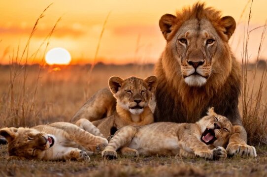 lion cub and lioness . Lion family Love. Loving father lion