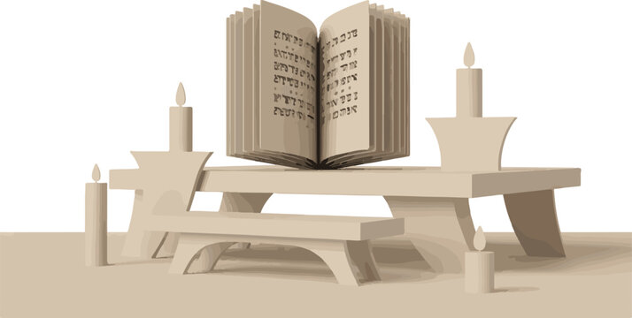 Ancient scroll pages displayed on stone platform with surrounding wax candles.