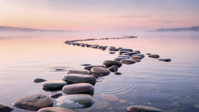Stepping Stones to Serenity: A pathway of flat stones leads across a calm body of water, shrouded in a gentle mist as the sky transitions into a soft, ethereal sunset.