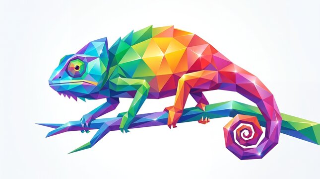 Isolated colorful geometric chameleon on white background.