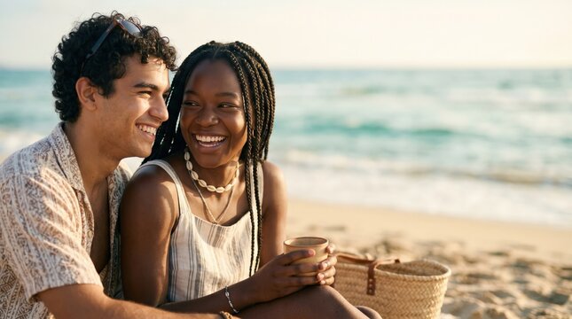 Young diverse couple laughing together on a sunny beach during a romantic summer vacation getaway
