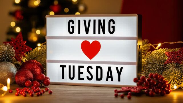 Giving Tuesday Holiday Theme: A festive lightbox displays Giving Tuesday with a heart symbol, surrounded by sparkling holiday decorations.