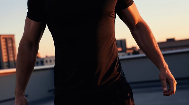 Fit man wears black t-shirt stands on urban rooftop at sunset. Athletic male person poses near city buildings. Strong bodybuilder upper body, arms visible.