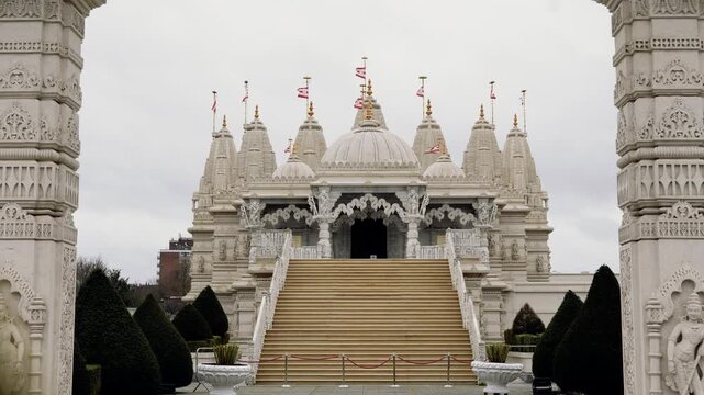 Front View of BAPS Shri Swaminarayan Mandir (Neasden Temple) in London, United Kingdom