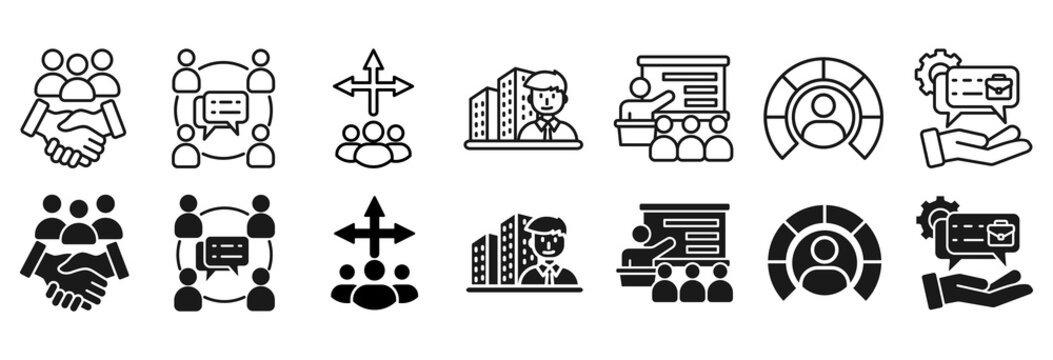Outplacement icon set. training, and presentation symbol