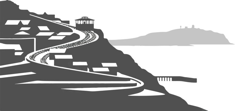 Mountain coastal railway line with observation deck and distant island.