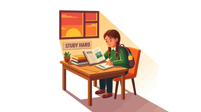 Student studying at desk with books and laptop