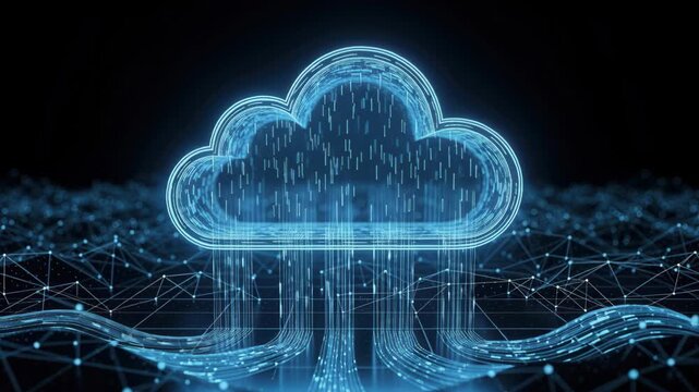 Digital Cloud Computing: A luminous blue cloud icon, pulsing with binary data streams, symbolizes the abstract concept of cloud computing and digital information transfer.