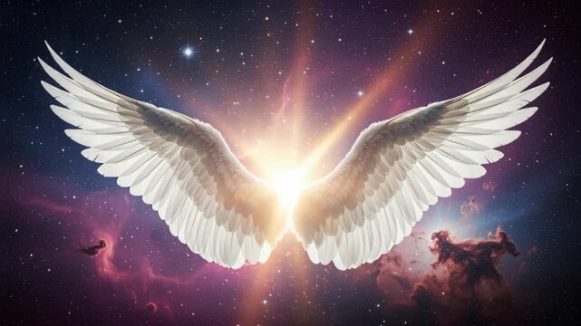 Celestial Wings in Cosmic Expanse: Majestic white wings unfurl against a breathtaking backdrop of a colorful nebula and starlit cosmos, radiating divine light and ethereal energy.