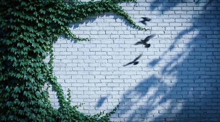 Fototapeta premium White brick wall with green ivy frame and flying birds