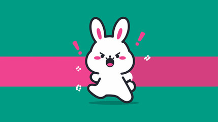 Obraz premium Angry white cartoon rabbit running with a determined expression. Cute bunny mascot character on a vibrant teal and pink striped background.