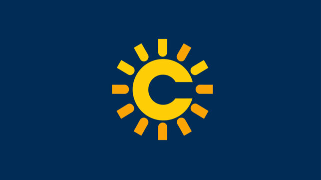 Bright yellow letter C with sun rays on a dark blue background, a cheerful and modern graphic design for branding or identity