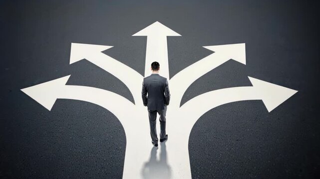 Decision Crossroads: A solitary businessman stands at a diverging path, illuminated by stark white arrows pointing in multiple directions, symbolizing choice and the uncertainty of the future.