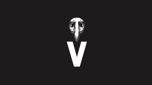 Mysterious bird skull illustration with long beak above a bold white letter V on a dark black background, graphic concept.