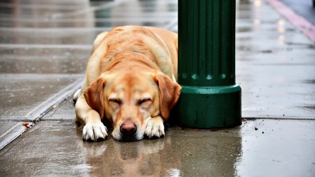 Sad dog on rainy day