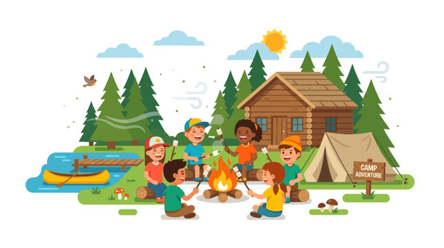 Children having fun at summer camp with cabin and tent