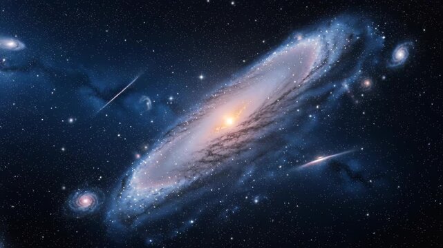 Cosmic Dance of Galaxies: A stunning spiral galaxy, ablaze with starlight, majestically rotates in the vast expanse of the universe, surrounded by its celestial companions.