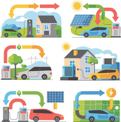 Naklejka premium Electric car charging and solar power icons on transparent background.