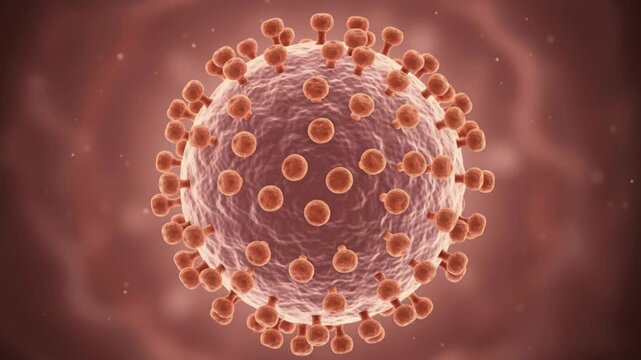 Abstract Viral Microorganism: A detailed 3D rendering showcases a spherical virus with numerous spikes and internal structures, evoking a sense of microscopic detail and scientific exploration.