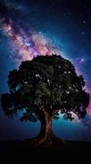 Obraz premium Ancient oak tree with sprawling roots stands against a vibrant nebula and starry night sky. Fantasy artwork depicts a cosmic landscape with celestial wonders in a mystical, dreamlike atmosphere.