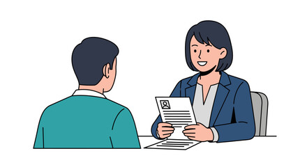 Fototapeta premium A professional woman conducting a job interview with a male candidate, reviewing his resume at a desk in a corporate setting.