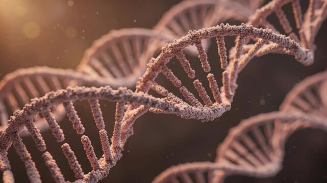 DNA Helix Close-up: A detailed, macroscopic view of the intricate DNA double helix structure, illustrating the fundamental building blocks of life.