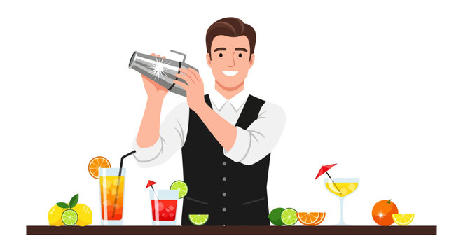 Smiling male bartender character shaking a cocktail mixer behind a bar counter with various colorful drinks and fresh citrus fruits, isolated on white background.