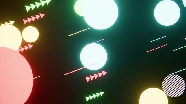 光るネオンの丸と矢印が斜め上に移動するサイバーなループ背景動画素材 / Glowing neon circles and arrows moving diagonally upward cyber loop background video
