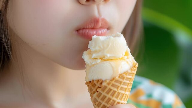 A close-up shot of a young person enjoying a delicious scoop of vanilla ice cream in a waffle cone.