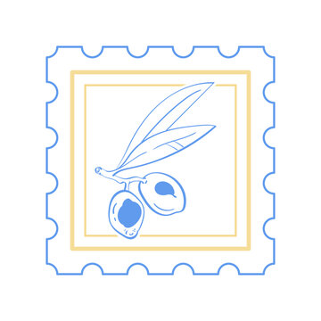 Minimalist olive branch sketch with soft blue and yellow frame. Vintage mediterranean stamp icon as cute border for cafe menu or invitation card. Whimsical doodle element suits restaurant logo and