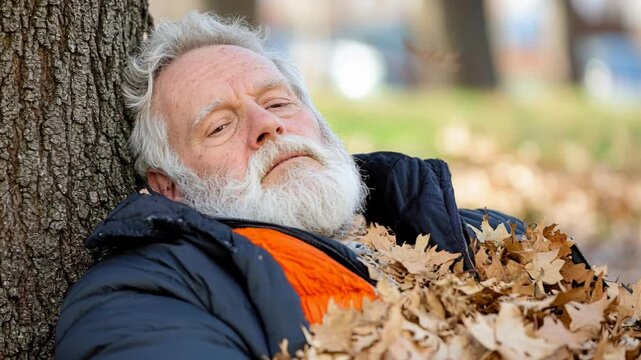 An elderly homeless man with a white beard sleeps peacefully against a tree trunk in autumn park.