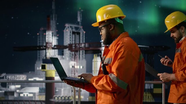 African american man on offshore rig reviewing maritime security issues during conflict while a drilling barge specialist oversees embargo affecting operations with notebook device.