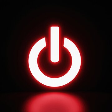 Glowing red power button symbol on dark background, representing start stop energy control. Digital interface element for devices and web applications.