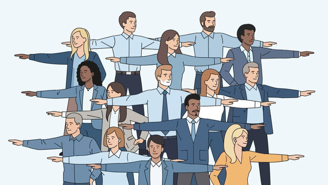Diverse business team performing synchronized T-pose exercise for unity and teamwork