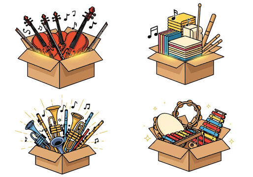 Set of cardboard boxes filled with various musical instruments in cartoon style