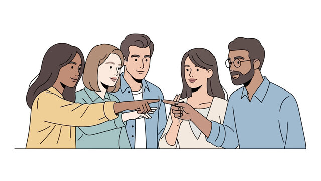 Diverse group of people pointing fingers at each other, accusing or blaming
